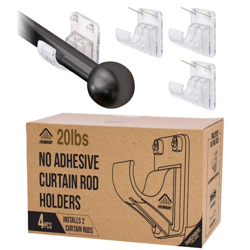 Evermount No Adhesive Heavy Duty Curtain Rod Holders with Wide Hook 5X Stronger Than Adhesive Curtain Rod HooksTension Curtain Rod Bracket for Wall with Pin Guide Curtain Wall Mount 4 Pack for 075 Rods - Image 2