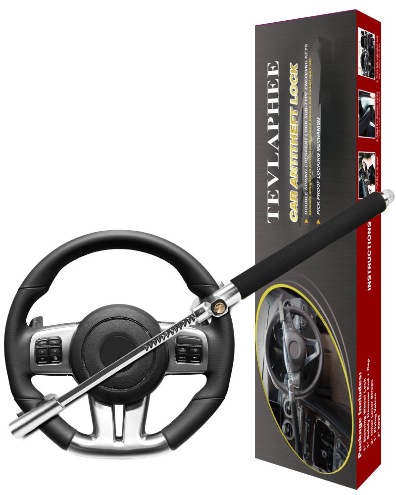Tevlaphee Steering Wheel Lock For Cars,Car Steering Wheel Lock,Vehicle Anti-Theft Lock,Adjustable Double Hook Universal Fit Emergency Hammer Window Breaker Self Defense Heavy Duty Secure (Black) - Image 1