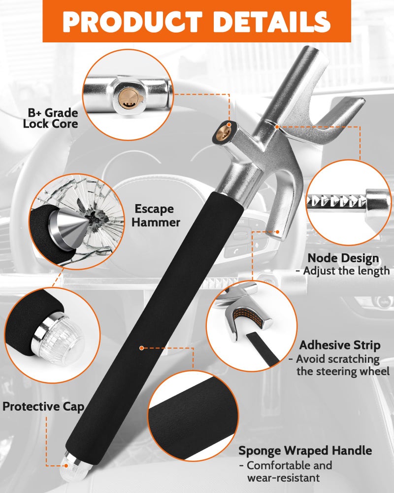 Tevlaphee Steering Wheel Lock For Cars,Car Steering Wheel Lock,Vehicle Anti-Theft Lock,Adjustable Double Hook Universal Fit Emergency Hammer Window Breaker Self Defense Heavy Duty Secure (Black) - Image 2