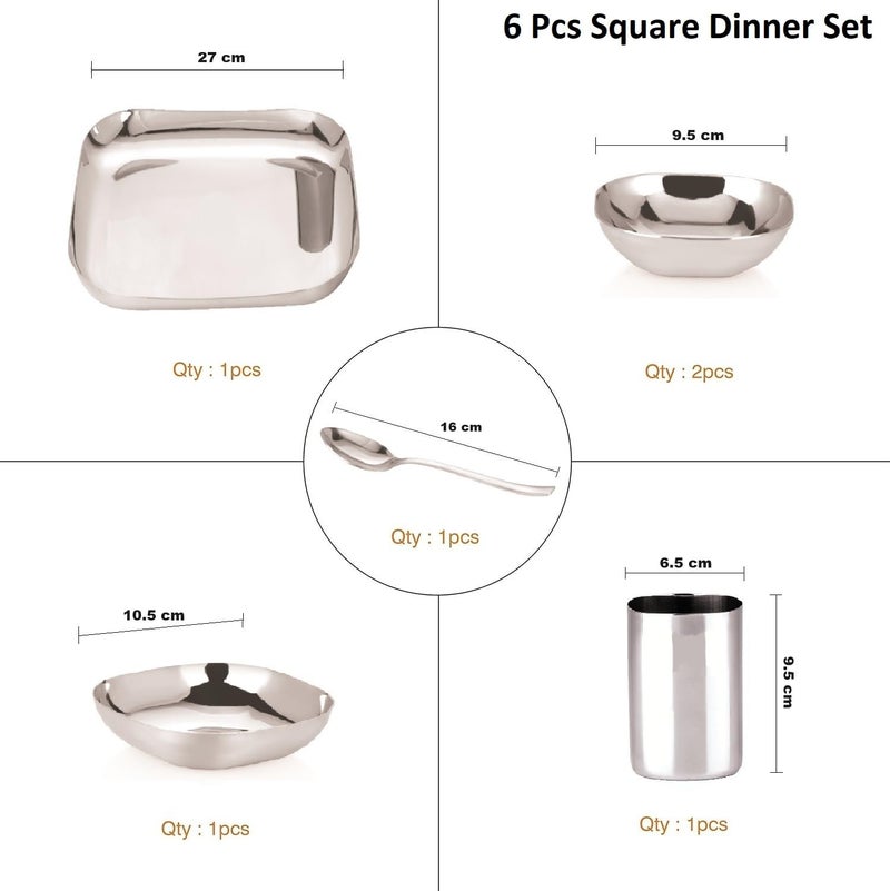 YUIOP - Square Shape Steel Dinner Set - 18 Guage Stainless Steel - Includes 1 Thali, 1 Dish, 2 Bowls, 1 Spoon & 1 Glass - Image 2