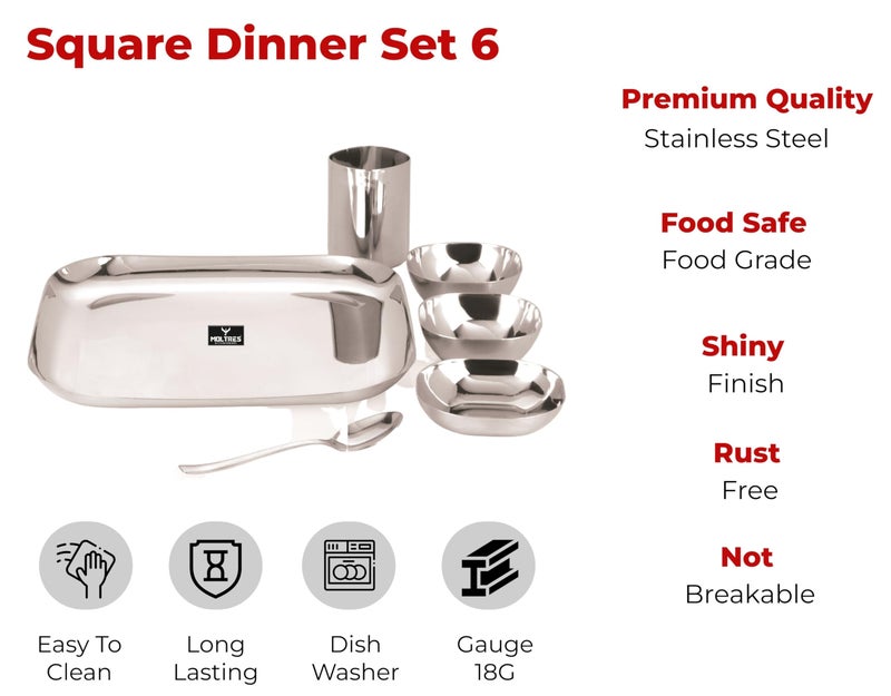 YUIOP - Square Shape Steel Dinner Set - 18 Guage Stainless Steel - Includes 1 Thali, 1 Dish, 2 Bowls, 1 Spoon & 1 Glass - Image 3