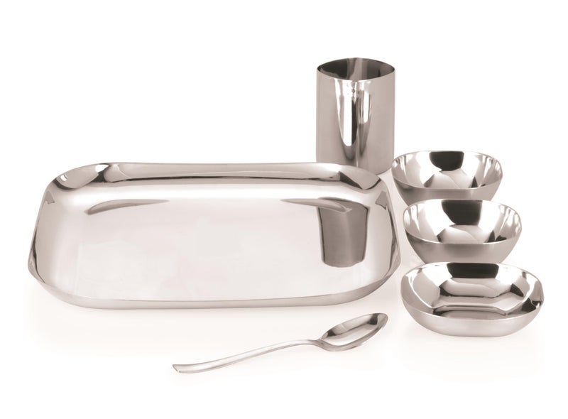 YUIOP - Square Shape Steel Dinner Set - 18 Guage Stainless Steel - Includes 1 Thali, 1 Dish, 2 Bowls, 1 Spoon & 1 Glass - Image 1