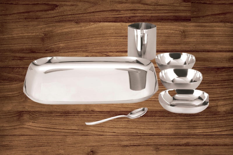 YUIOP - Square Shape Steel Dinner Set - 18 Guage Stainless Steel - Includes 1 Thali, 1 Dish, 2 Bowls, 1 Spoon & 1 Glass - Image 5
