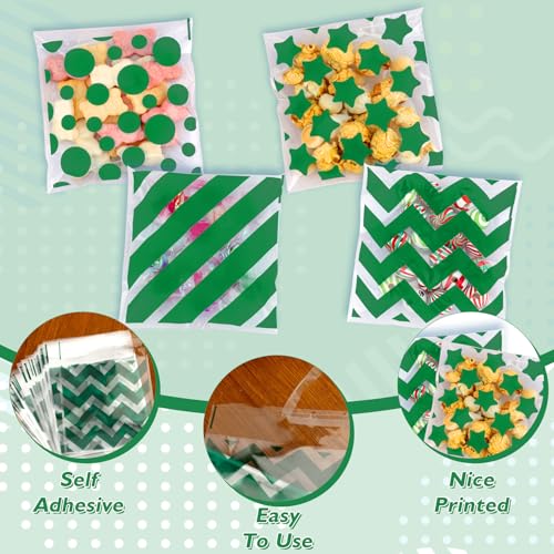 eowqeiur 100 PCS Green Polka Dots Star Stripe Cellophane bags(4x4 Inch) Self Sealing Cookie Treat Snack Goodie Candy Goody Gifts Bags for St. Patrick's Graduation Birthday Holiday Party Favors Supplies Wrap - Image 4