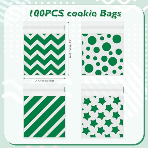 eowqeiur 100 PCS Green Polka Dots Star Stripe Cellophane bags(4x4 Inch) Self Sealing Cookie Treat Snack Goodie Candy Goody Gifts Bags for St. Patrick's Graduation Birthday Holiday Party Favors Supplies Wrap - Image 2