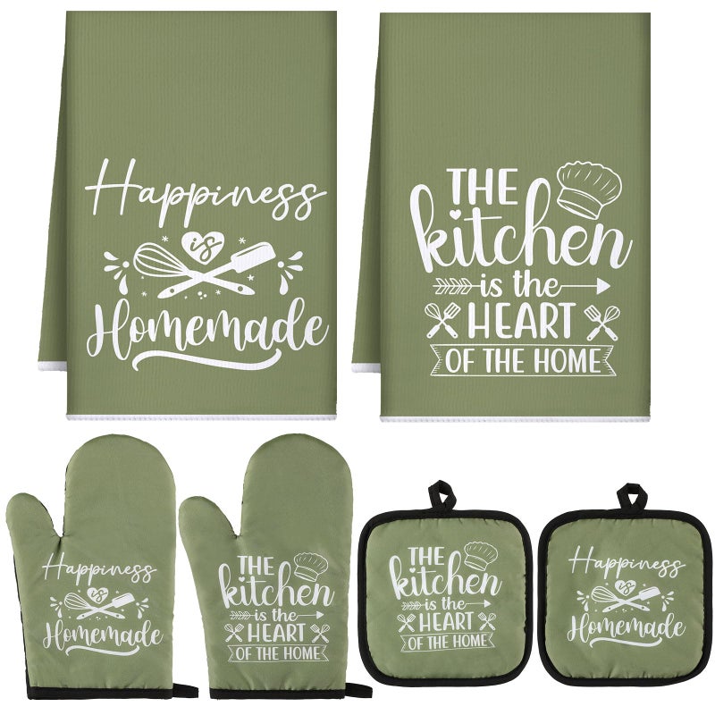 Sratte 6 Pcs Kitchen Decor Accessories Set Farmhouse Towels Pot Holders Oven Mitts Set 2 Dish Towels 2 Potholders 2 Cooking Mittens Oven Glove for Christmas Baking Cooking Supply(Green,Kitchen) - Image 1
