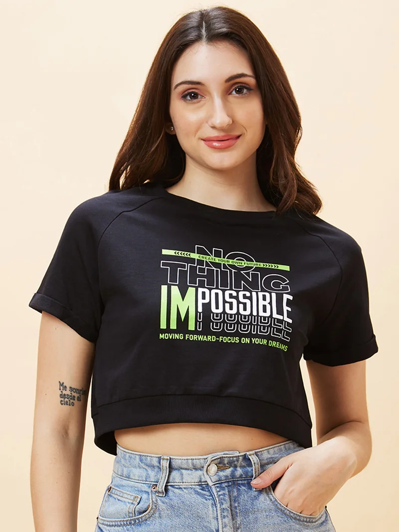 globus Women Black Typography Printed Raglan Sleeves Pure Cotton Crop Top