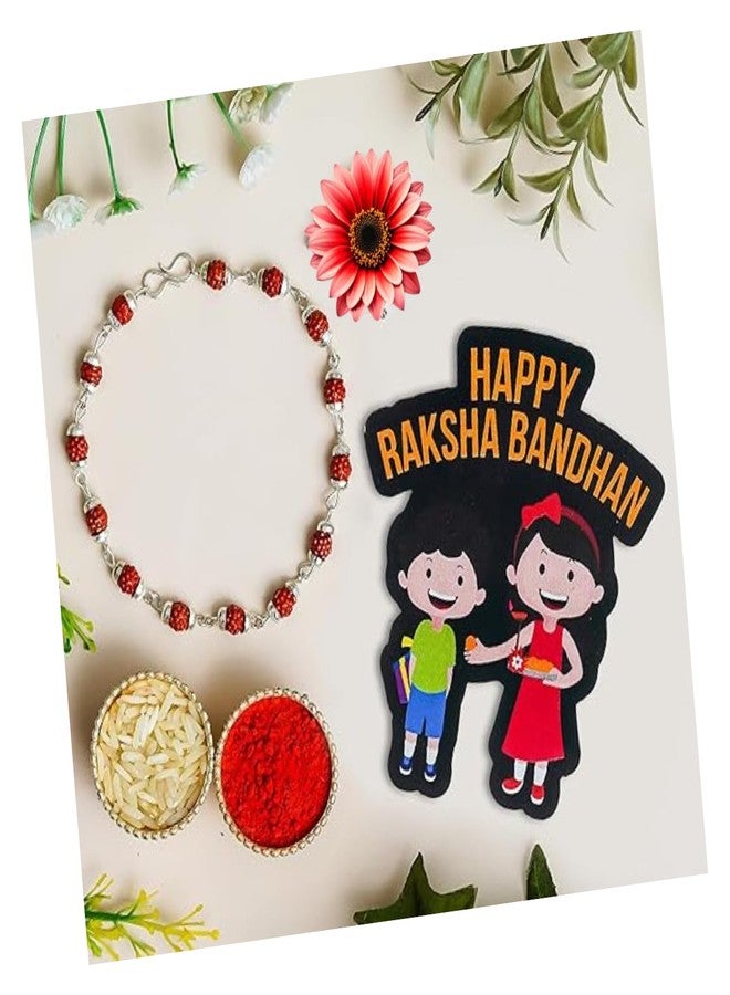 KamlaArt Silver Rudraksha Rakhi للأخ مع مغناطيس الثلاجة، راخي لبهايا بهابهي مع بطاقة تهنئة رولي تشاوال راخيس - Image 1