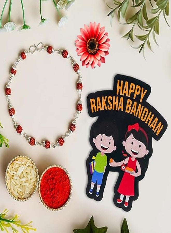 KamlaArt Silver Rudraksha Rakhi للأخ مع مغناطيس الثلاجة، راخي لبهايا بهابهي مع بطاقة تهنئة رولي تشاوال راخيس - Image 2