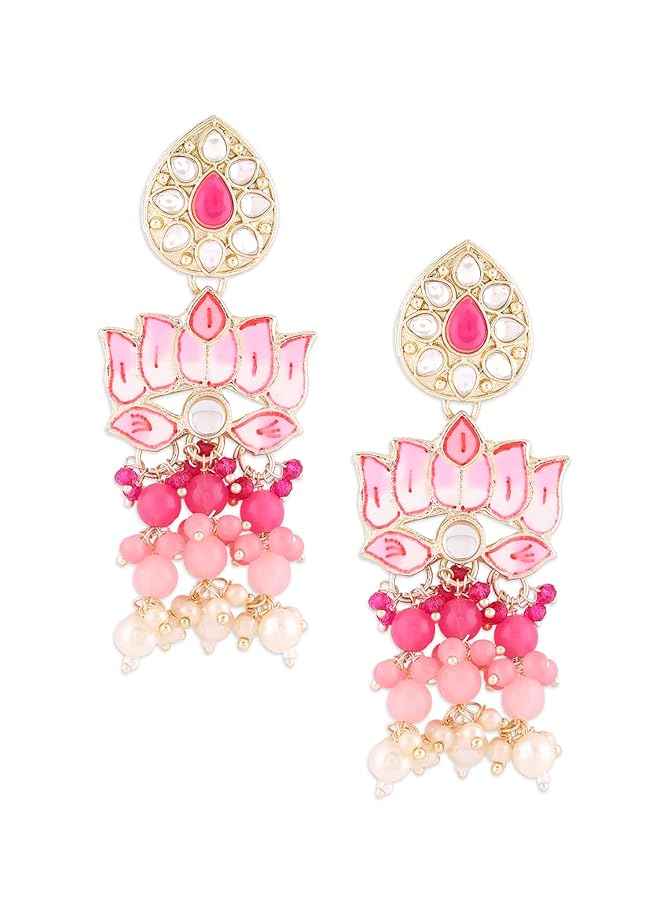 erorex Pink Meenakari Lotus Design Traditional Cluster Beads Drop Earring For Women Zpfk15390  - Image 1