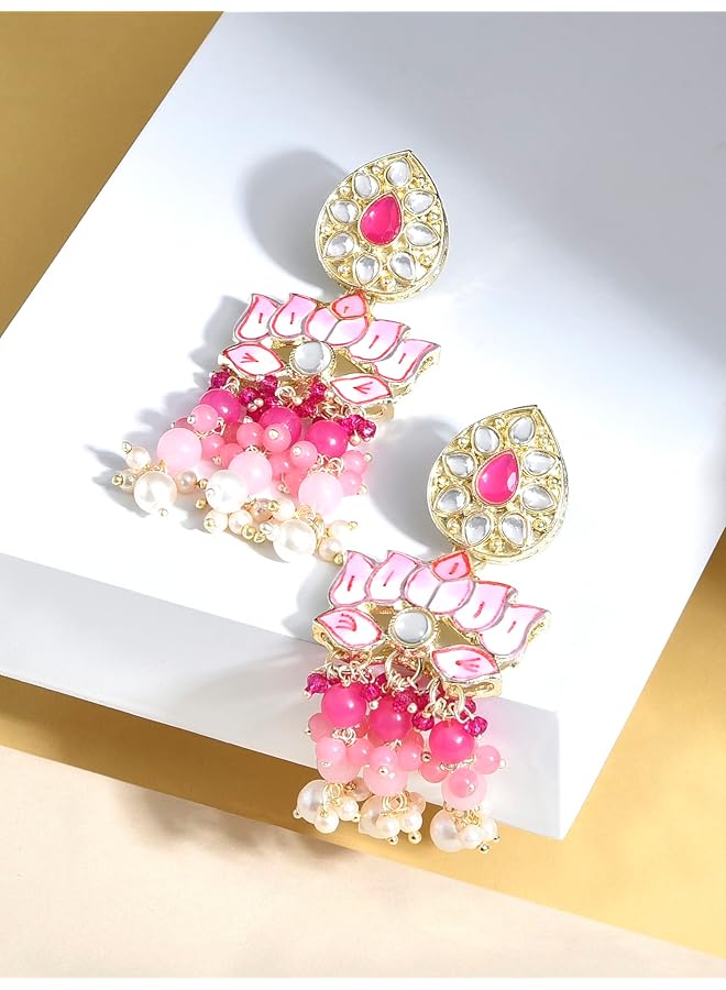 erorex Pink Meenakari Lotus Design Traditional Cluster Beads Drop Earring For Women Zpfk15390  - Image 2
