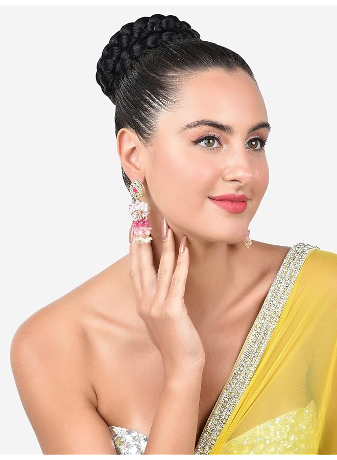 erorex Pink Meenakari Lotus Design Traditional Cluster Beads Drop Earring For Women Zpfk15390  - Image 5
