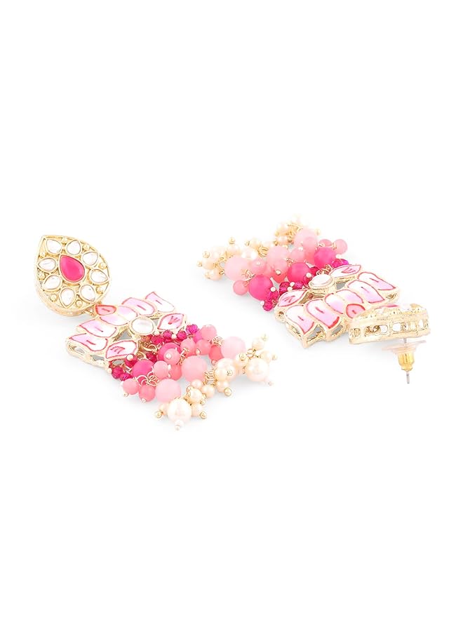 erorex Pink Meenakari Lotus Design Traditional Cluster Beads Drop Earring For Women Zpfk15390  - Image 4