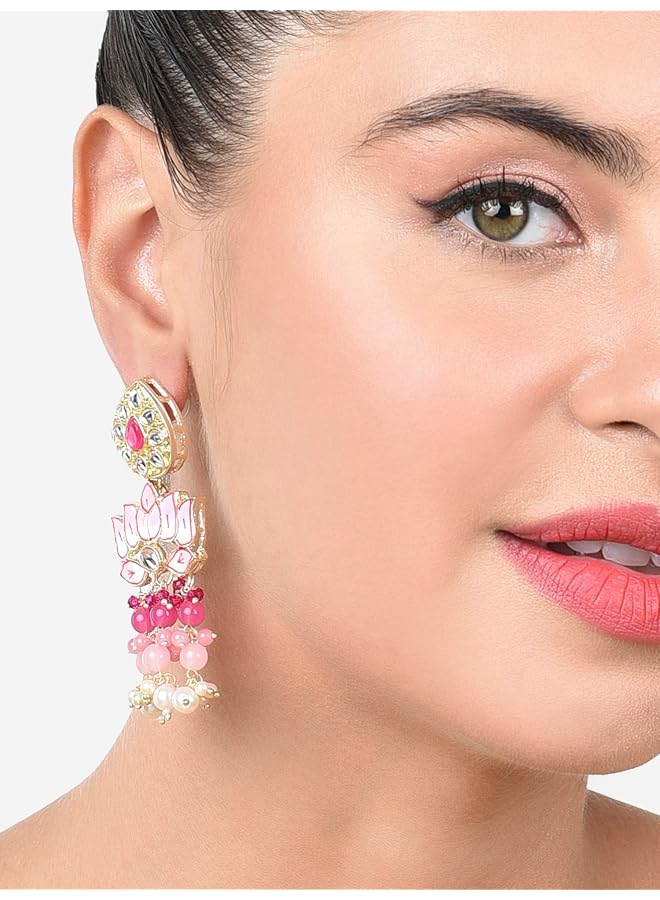 erorex Pink Meenakari Lotus Design Traditional Cluster Beads Drop Earring For Women Zpfk15390  - Image 3