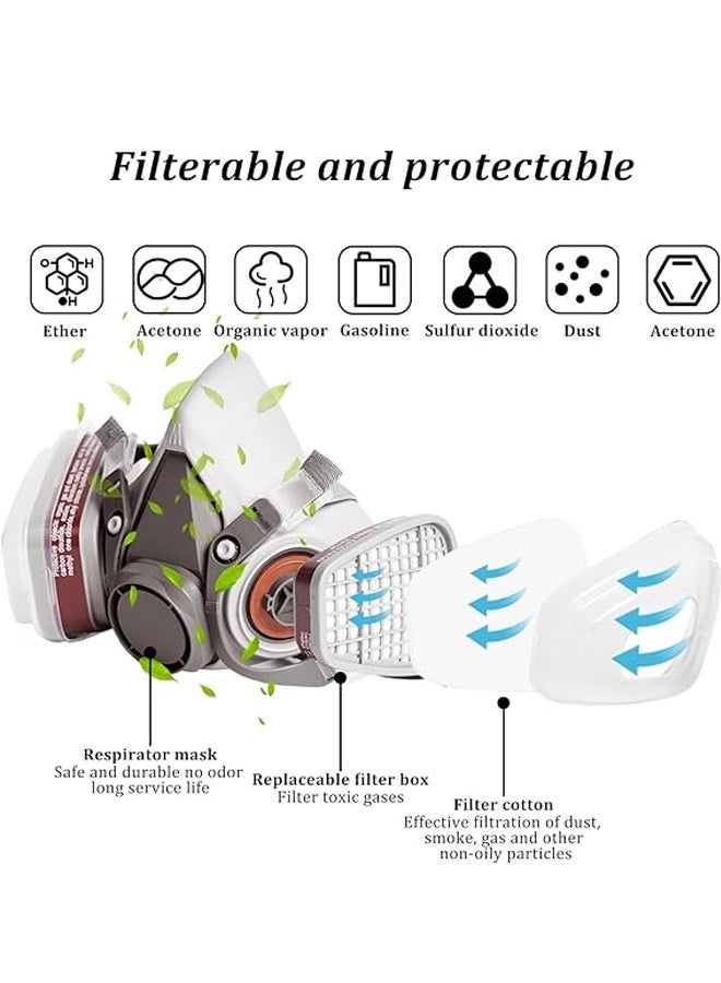 Reusable Respirator Half Facepiece Gas Ma-sk Breathing Protection Respirators with Safety Goggles for Painting Organic Vapor Welding - Image 2