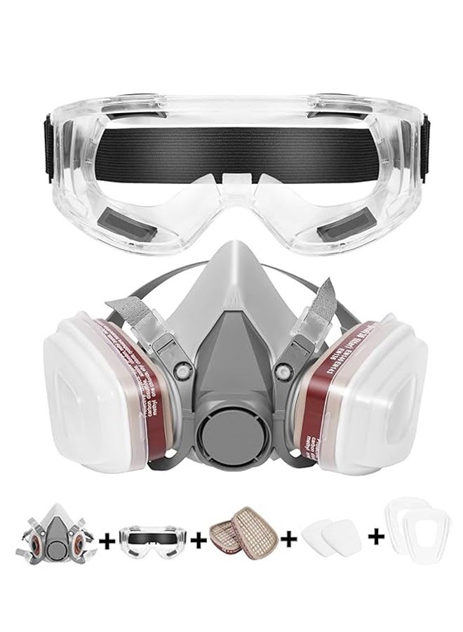 Reusable Respirator Half Facepiece Gas Ma-sk Breathing Protection Respirators with Safety Goggles for Painting Organic Vapor Welding - Image 1