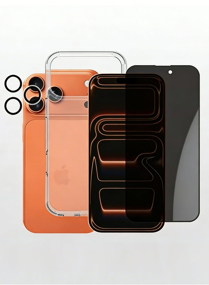 PULUZ 3-in-1 protection package for iPhone 17 Pro Max - anti-yellowing clear case, shatter-resistant privacy screen protection, high-definition camera lens protection. - Image 1