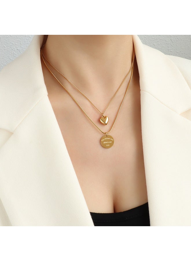 Marka French Style elry Round Heart Love Pendant Titanium Steel 18k Gold Double Layer Necklace Clavicle Chain