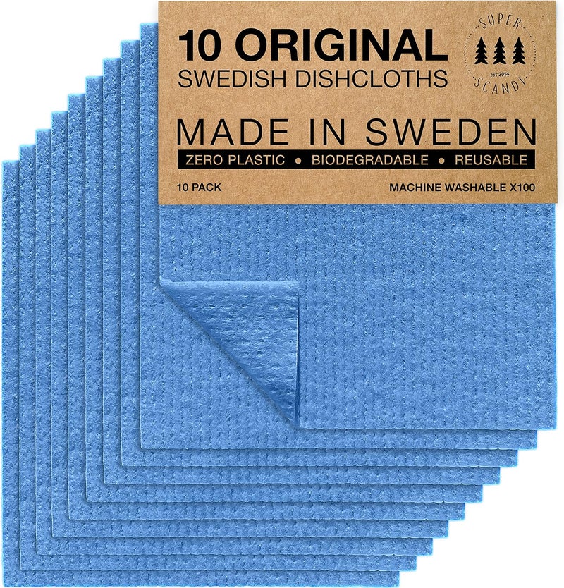 سوبر سكاندي حزمة من 10 مناديل مائدة سويدية من SUPERSCANDI للمطبخ - مناديل ورقية قابلة للتحلل البيولوجي والتسميد بنسبة 100%، قابلة لإعادة الاستخدام، آمنة للطعام وخالية من البلاستيك، لون أزرق - Image 1