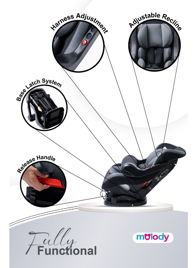 مولودي كرسي سيارة للأطفال مولودي قابل للتحويل من 0-4 سنوات بمقبض أمان أمامي ووضعيات استلقاء- أسود - Image 3