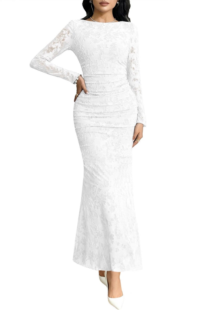 MITILLY Fall Long Sleeve Dress for Women 2026 Elegant Floral Bodycon Ruched Maxi Formal Wedding Guest Dresses X-Large White - Image 1
