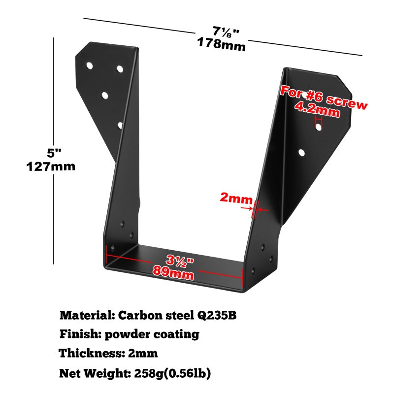 Gbgs 10 Pcs Black 4 X 6 Face-Mount Joist Hanger,Inner Width:3-1/2"" Fit 4X6,4X8 Post,14 Gauge - Image 2