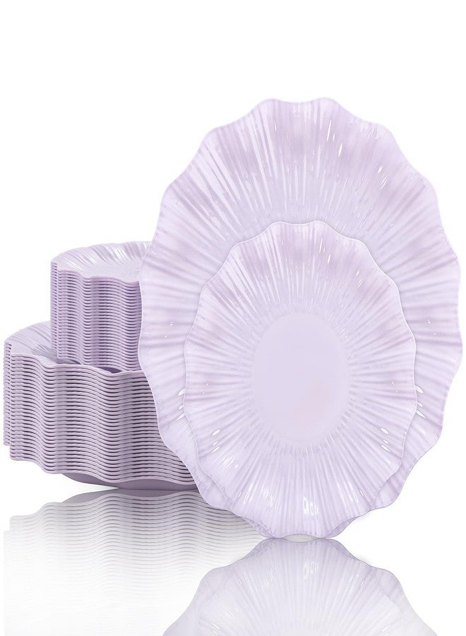 Rubtlamp 60Pcs Purple Scalloped Plastic Plates, Disposable Heavy Duty Floral Plates, Light Lavender Fancy Plates with Petal Edge Include 30Dinner Plates,30 Cake Plates for Weddings, Bridal Showers - Image 1