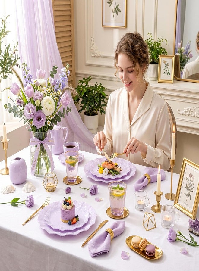 Rubtlamp 60Pcs Purple Scalloped Plastic Plates, Disposable Heavy Duty Floral Plates, Light Lavender Fancy Plates with Petal Edge Include 30Dinner Plates,30 Cake Plates for Weddings, Bridal Showers - Image 5