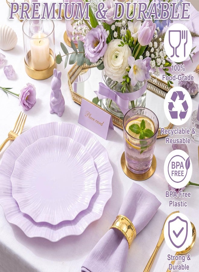 Rubtlamp 60Pcs Purple Scalloped Plastic Plates, Disposable Heavy Duty Floral Plates, Light Lavender Fancy Plates with Petal Edge Include 30Dinner Plates,30 Cake Plates for Weddings, Bridal Showers - Image 3