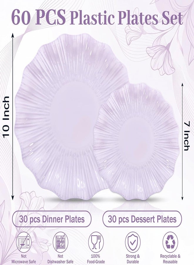 Rubtlamp 60Pcs Purple Scalloped Plastic Plates, Disposable Heavy Duty Floral Plates, Light Lavender Fancy Plates with Petal Edge Include 30Dinner Plates,30 Cake Plates for Weddings, Bridal Showers - Image 2