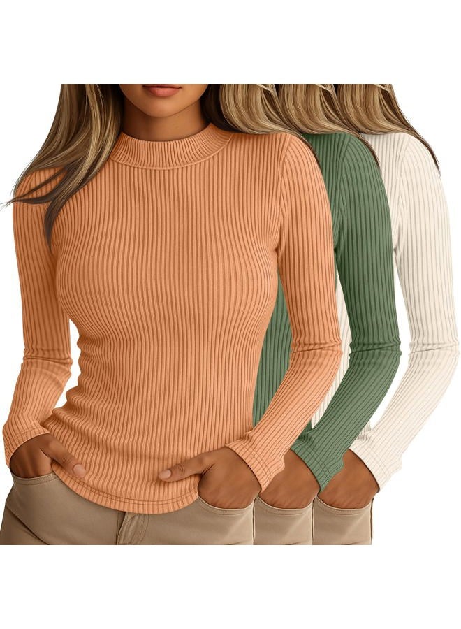 Riyiper 3 Pack Women's Ribbed Shirts, Mock Turtleneck Long Sleeve Tops Slim Fitted Undershirts Casual Basic Layering Tees, Light Beige, Matcha Green, Tangerine, S - Image 1