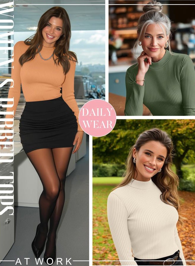 Riyiper 3 Pack Women's Ribbed Shirts, Mock Turtleneck Long Sleeve Tops Slim Fitted Undershirts Casual Basic Layering Tees, Light Beige, Matcha Green, Tangerine, S - Image 2