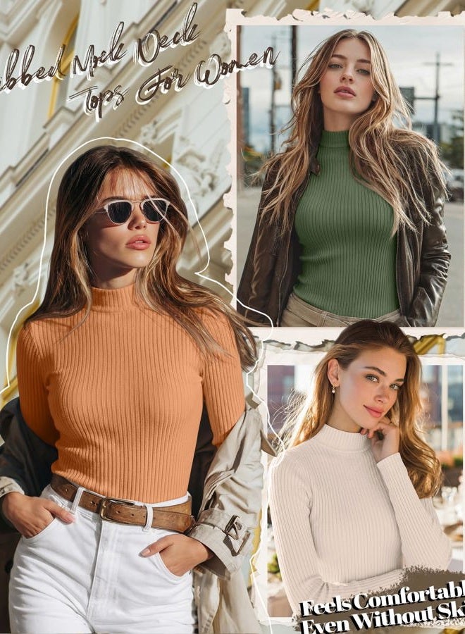 Riyiper 3 Pack Women's Ribbed Shirts, Mock Turtleneck Long Sleeve Tops Slim Fitted Undershirts Casual Basic Layering Tees, Light Beige, Matcha Green, Tangerine, S - Image 3