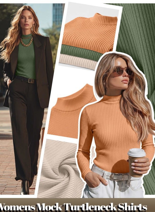 Riyiper 3 Pack Women's Ribbed Shirts, Mock Turtleneck Long Sleeve Tops Slim Fitted Undershirts Casual Basic Layering Tees, Light Beige, Matcha Green, Tangerine, S - Image 5