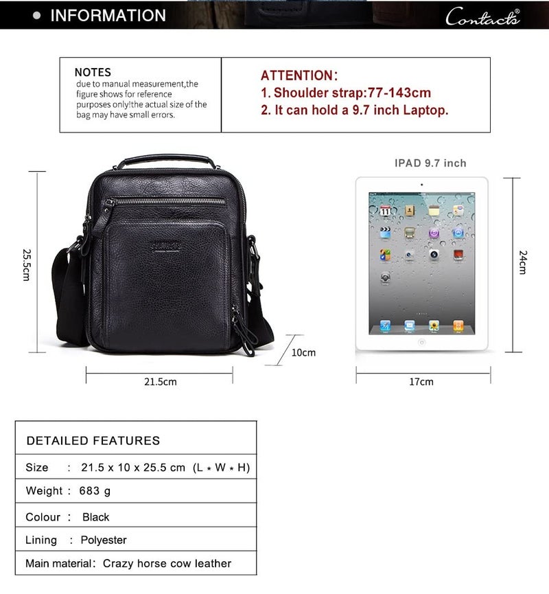 CONTACTS حقيبة كتف جلدية أصلية أنيقة 9 إنش لجهاز آيباد، كاميرا، للعمل، السفر، الاستخدام اليومي (أسود، للجنسين) - Image 4