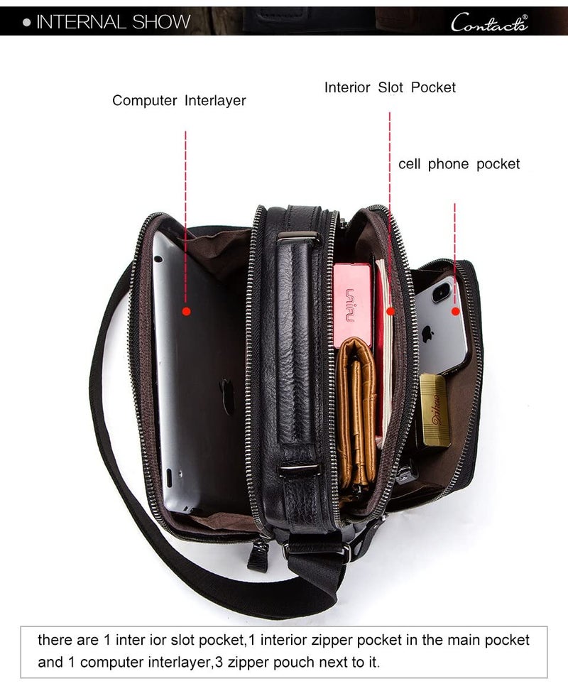 CONTACTS حقيبة كتف جلدية أصلية أنيقة 9 إنش لجهاز آيباد، كاميرا، للعمل، السفر، الاستخدام اليومي (أسود، للجنسين) - Image 3
