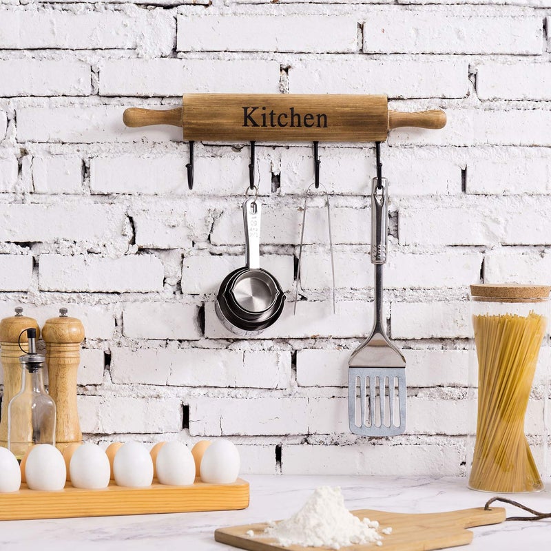 MyGift Rustic Burnt Brown Wood Kitchen Hooks for Hanging Cooking Utensils, Coffee Mugs and Hand Towels, Decorative Rolling Pin Design Kitchen Wall Decor with 4 Hooks - Image 3