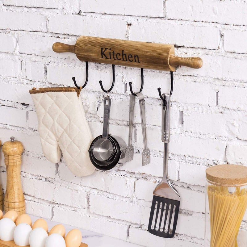 MyGift Rustic Burnt Brown Wood Kitchen Hooks for Hanging Cooking Utensils, Coffee Mugs and Hand Towels, Decorative Rolling Pin Design Kitchen Wall Decor with 4 Hooks - Image 2