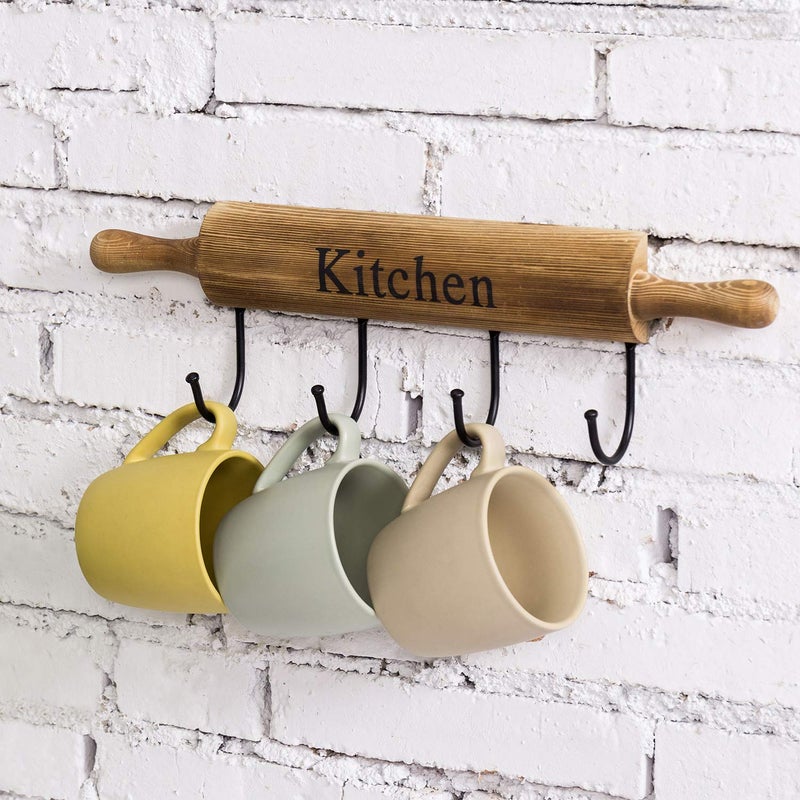MyGift Rustic Burnt Brown Wood Kitchen Hooks for Hanging Cooking Utensils, Coffee Mugs and Hand Towels, Decorative Rolling Pin Design Kitchen Wall Decor with 4 Hooks - Image 4