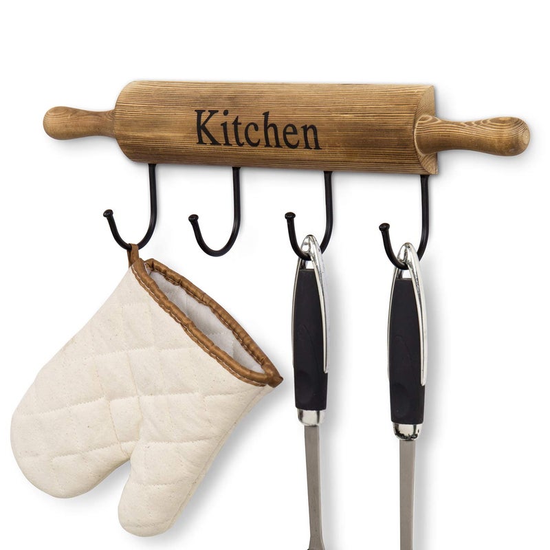 MyGift Rustic Burnt Brown Wood Kitchen Hooks for Hanging Cooking Utensils, Coffee Mugs and Hand Towels, Decorative Rolling Pin Design Kitchen Wall Decor with 4 Hooks - Image 1