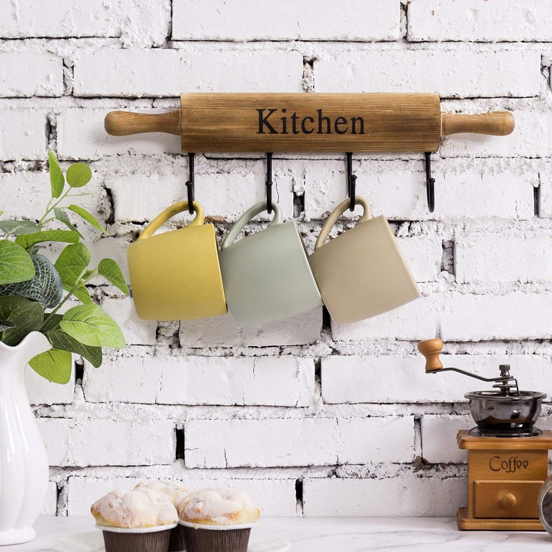 MyGift Rustic Burnt Brown Wood Kitchen Hooks for Hanging Cooking Utensils, Coffee Mugs and Hand Towels, Decorative Rolling Pin Design Kitchen Wall Decor with 4 Hooks - Image 5
