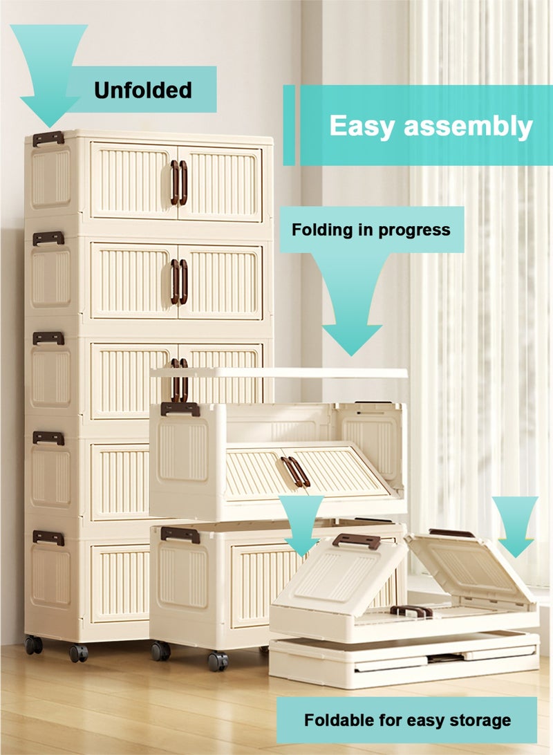HomarKet 5 Tier Storage Bins with Lids,Stackable Closet Organizers and Storage with Wheels, Collapsible Storage Boxes, Foldable Plastic Storage Containers for Home,Office, Dorm Room-Beige - Image 3