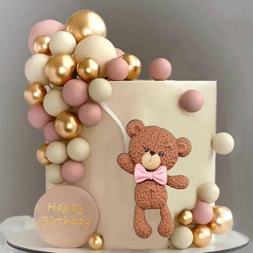 RASSLISA Brown Bear Colorful Balloons Balls Cake Toppers for Birthday Baby Shower Party Decorations Supplies (Pink) - Image 1