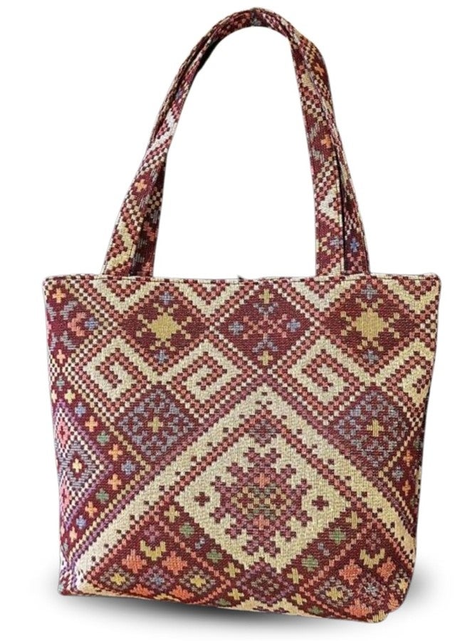 LIKE STYLE Trendy Jute Tote Bag for Women | Ethnic Pattern with Secure Zipper Closure (Maroon) - Image 1
