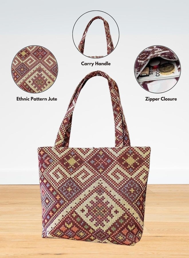 LIKE STYLE Trendy Jute Tote Bag for Women | Ethnic Pattern with Secure Zipper Closure (Maroon) - Image 3