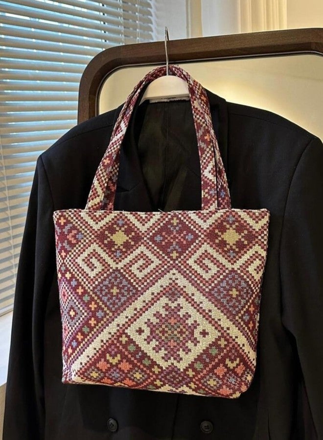 LIKE STYLE Trendy Jute Tote Bag for Women | Ethnic Pattern with Secure Zipper Closure (Maroon) - Image 2