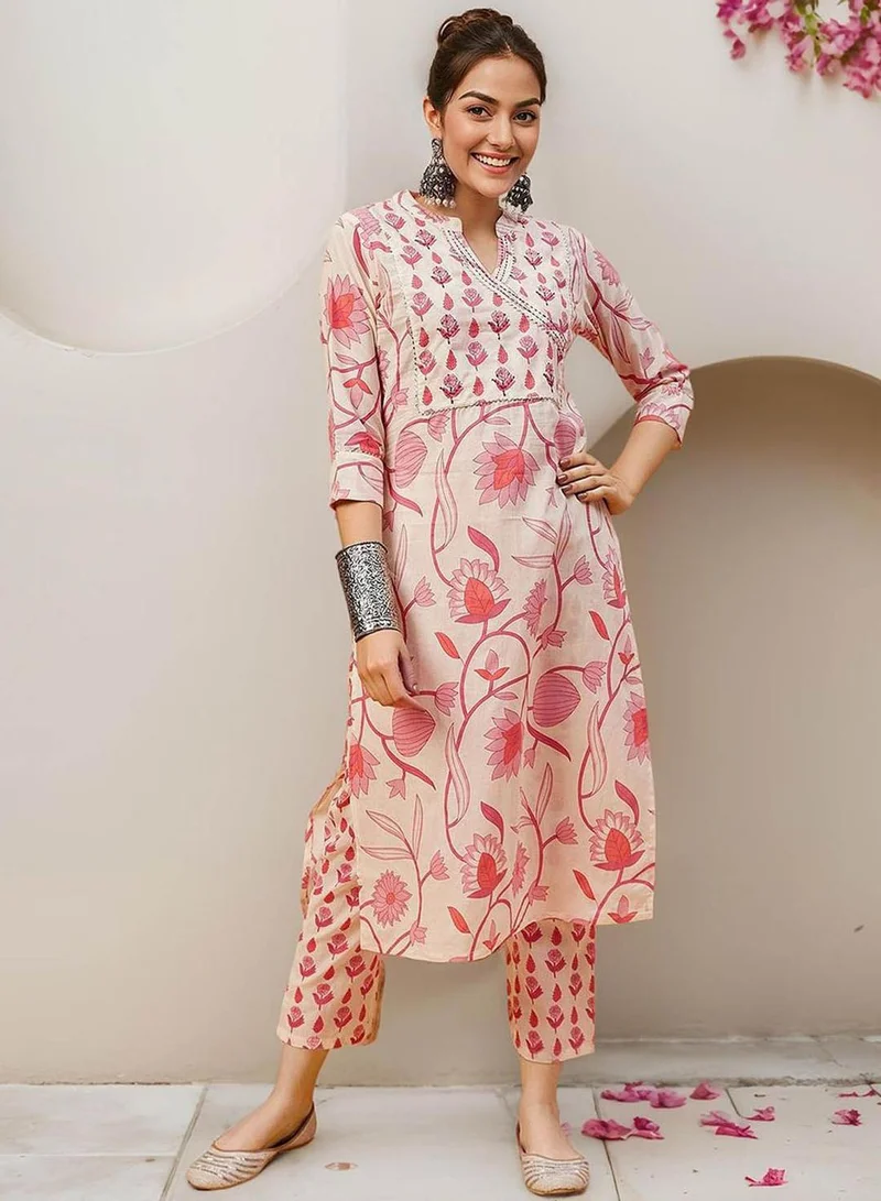 ISHIN Women's Off White 100% Cotton Embellished Tunic Full Length Palazzo Straight Fit Kurta Set