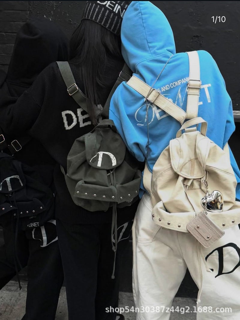 South Korea Niche Deinet Backpack D Letter Large Drawstring Pocket Studded Canvas Backpack Women - Image 3