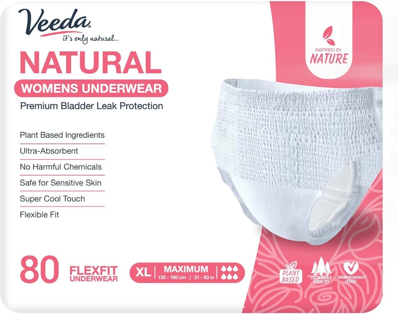 Veeda Veeda Natural Adult Incontinence Underwear for Women - Postpartum Underwear for Bladder Leakage Protection - Disposable Underwear with Maximum Absorbency - X-Large Size - 80 Count 
