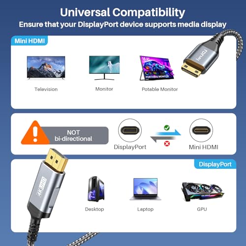 LDLrui DisplayPort to Mini HDMI Cable 5FT,UHD 3840P/4K@60Hz DP to Mini HDMI Uni-Directional Cord (Nylon - Bend Resistant) for Desktop, Laptop, Portable Monitor,AMD, NVIDIA, ARZOPA, Projector,Mini PC - Image 4